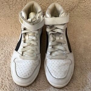 Puma Rebound Layup SL Jr Kids Sneakers 6C White Black Gold High Top Shoes GOOD